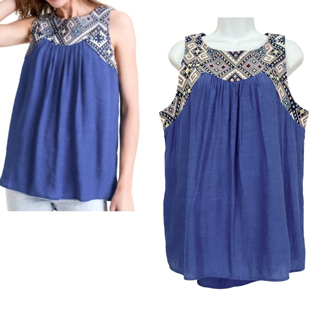 Blue Sleeveless Gauzy Top Blouse Size Large Tapestry Lace Up Cut Out Back Summer